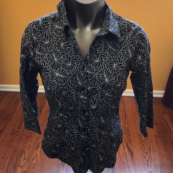 Talbots Tops - Talbots Petites Womens S Top Button Up Blouse Shirt Pretty Black w White